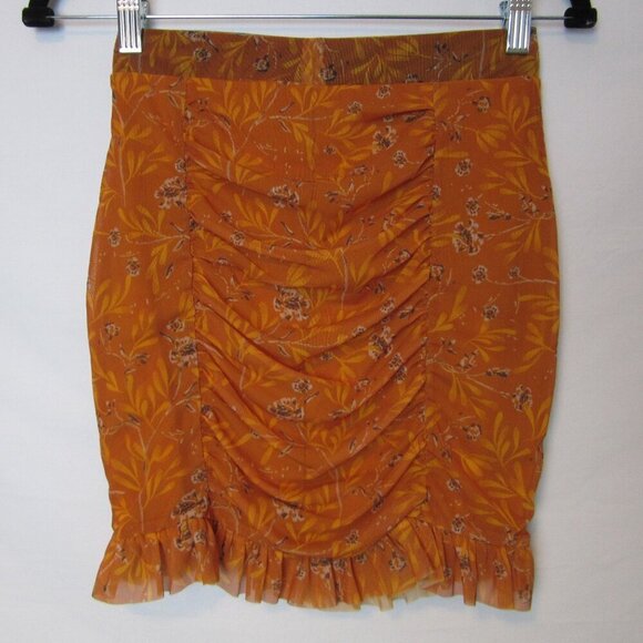 Free People Romi Mesh Mini Skirt Orange Floral Rushed Ruffle Festival Womens XS - Picture 5 of 6